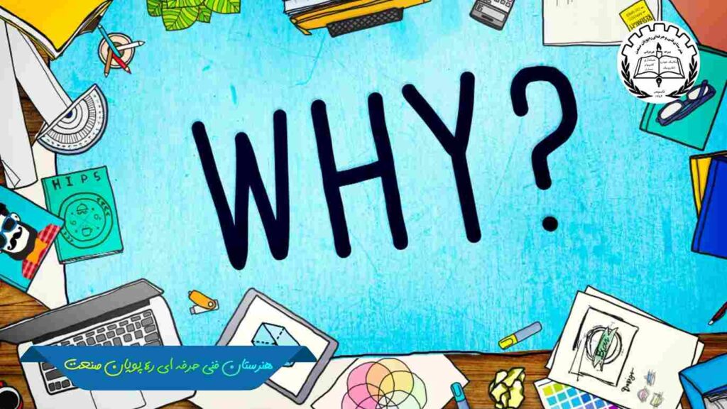 میز کار آموزشی با نوشته WHY و ابزار تحصیلی به‌عنوان نماد خلاقیت در هنرستان فنی ره‌پویان صنعت تهران